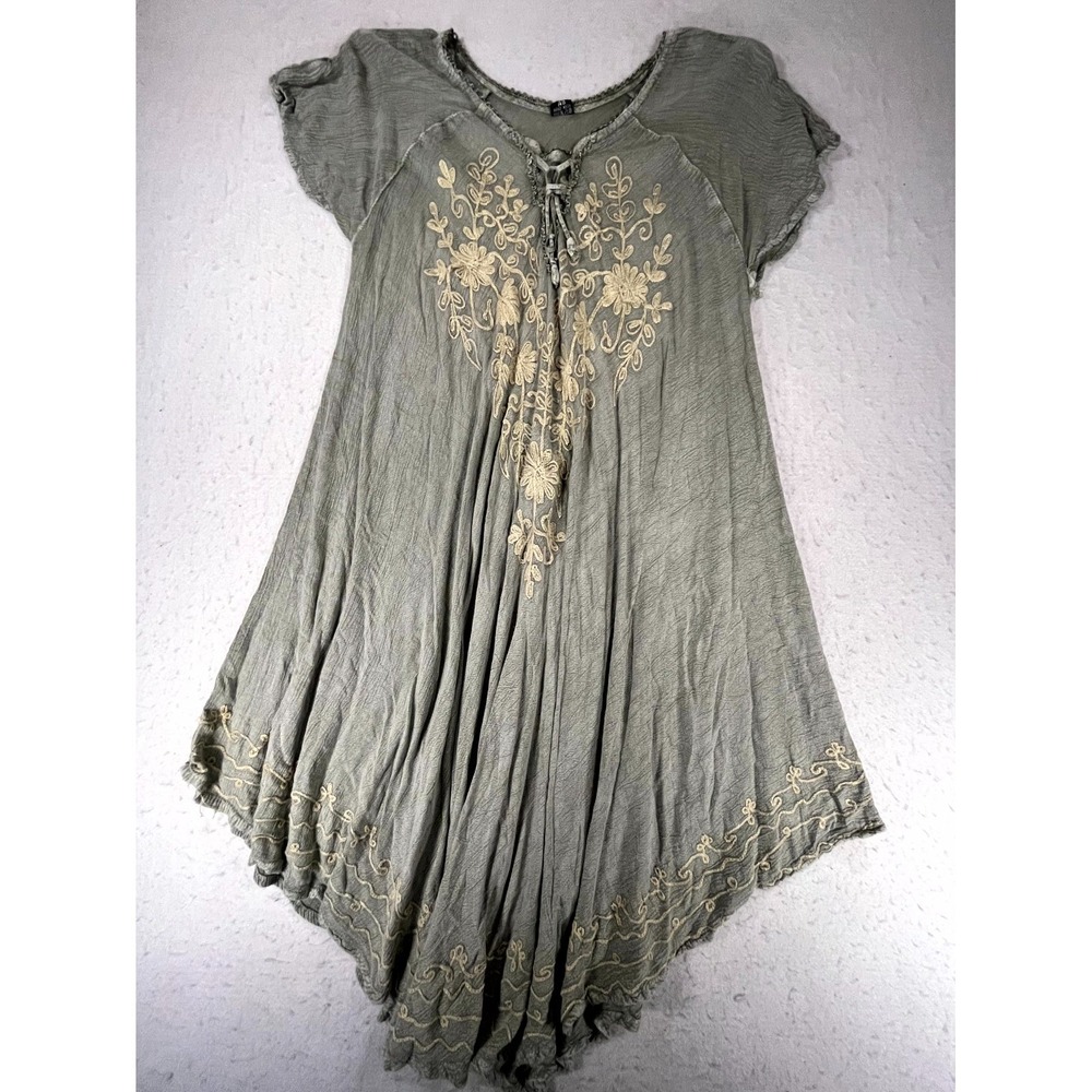 Boho Shift Dress Womens One Size Olive Green Embroidered Viscose Short Sleeve